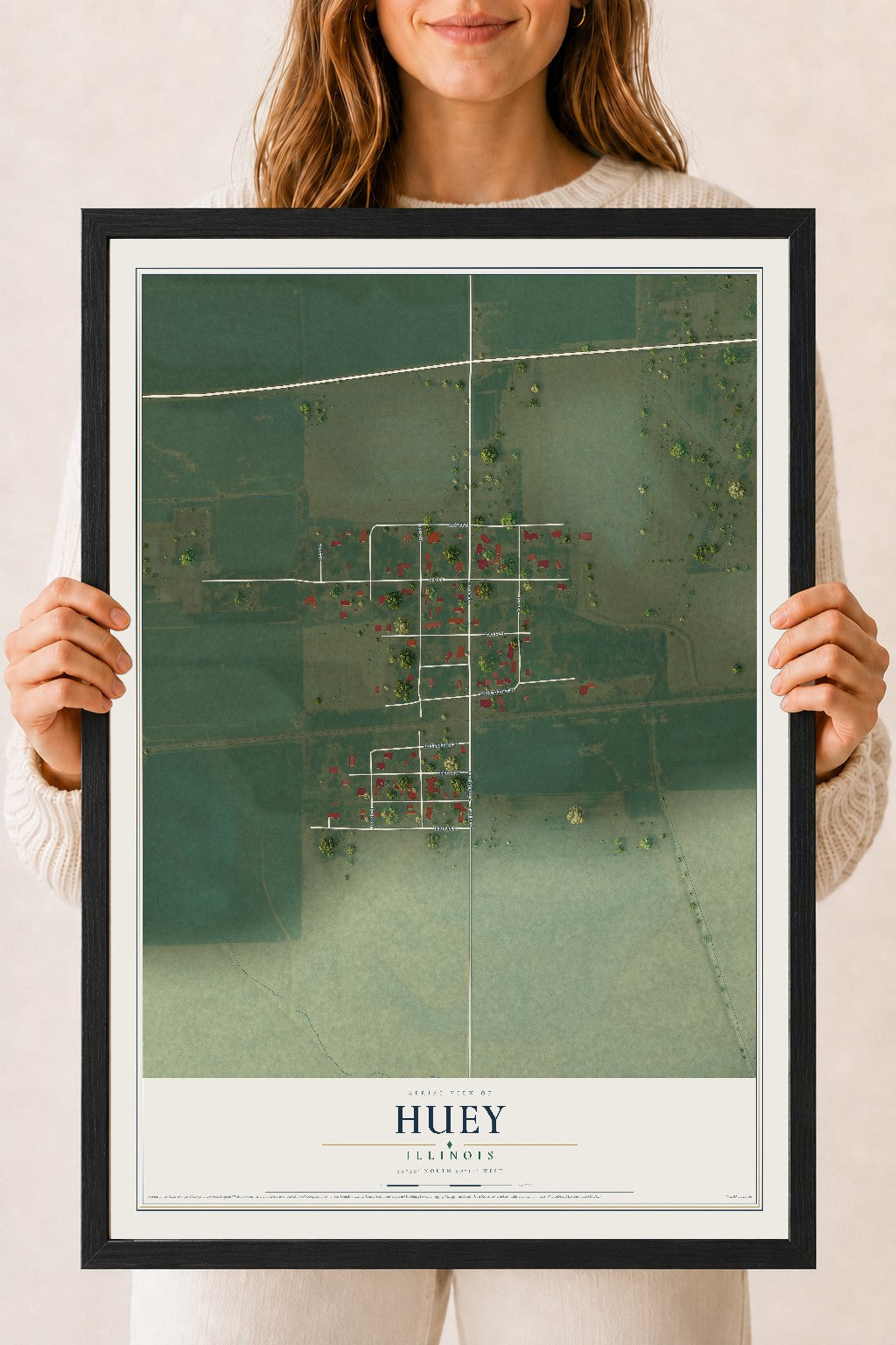 Map of Huey, Illinois, 18 x 24 inch print in a black wood frame