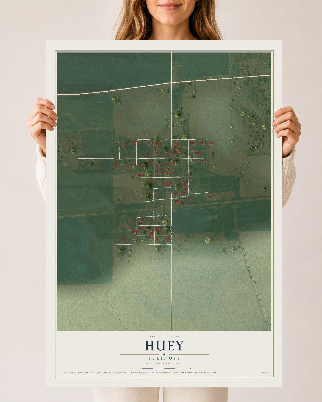Map of Huey, Illinois, 24 x 36 inch unframed archival matte print