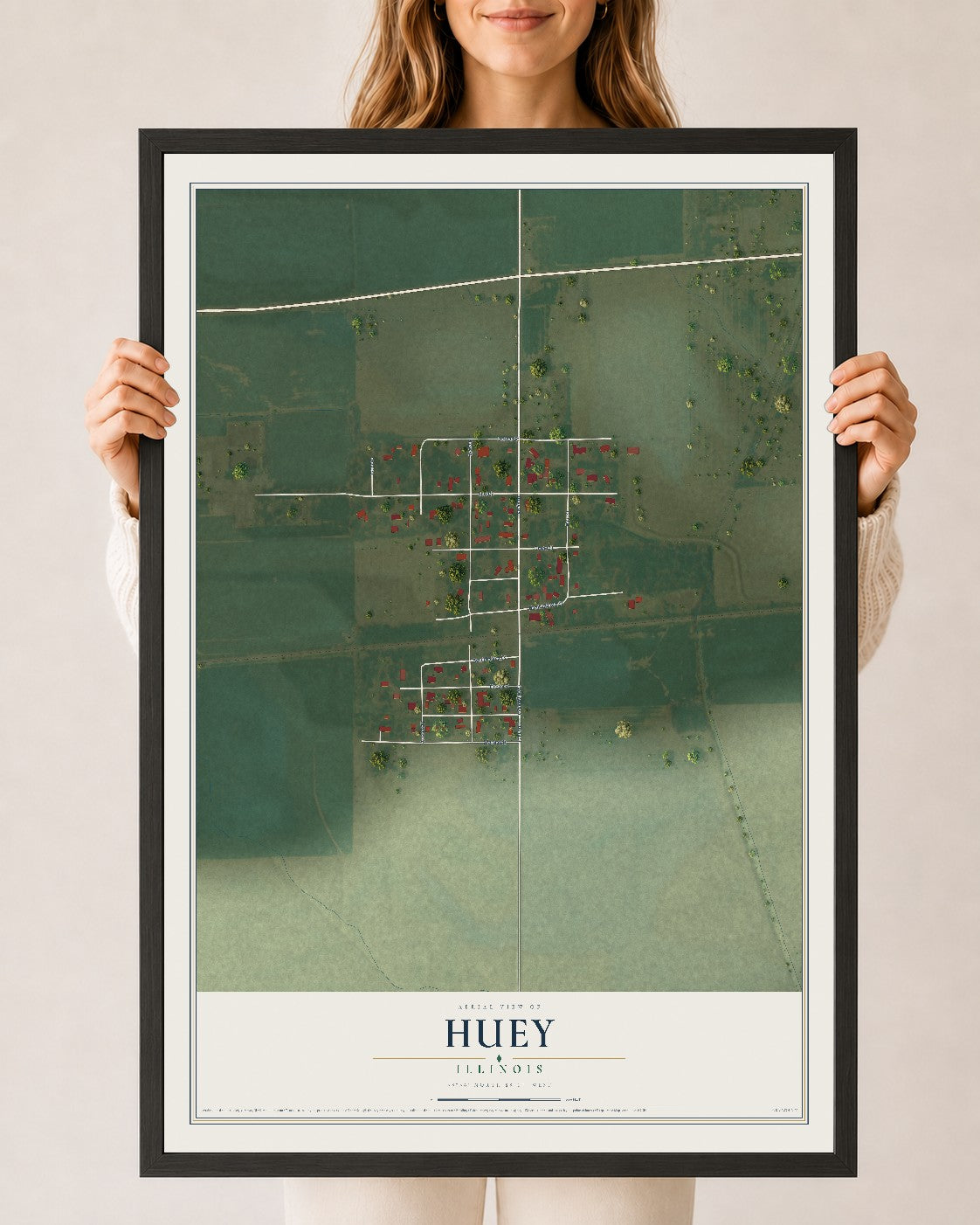 Map of Huey, Illinois, 24 x 36 inch print in a black wood frame