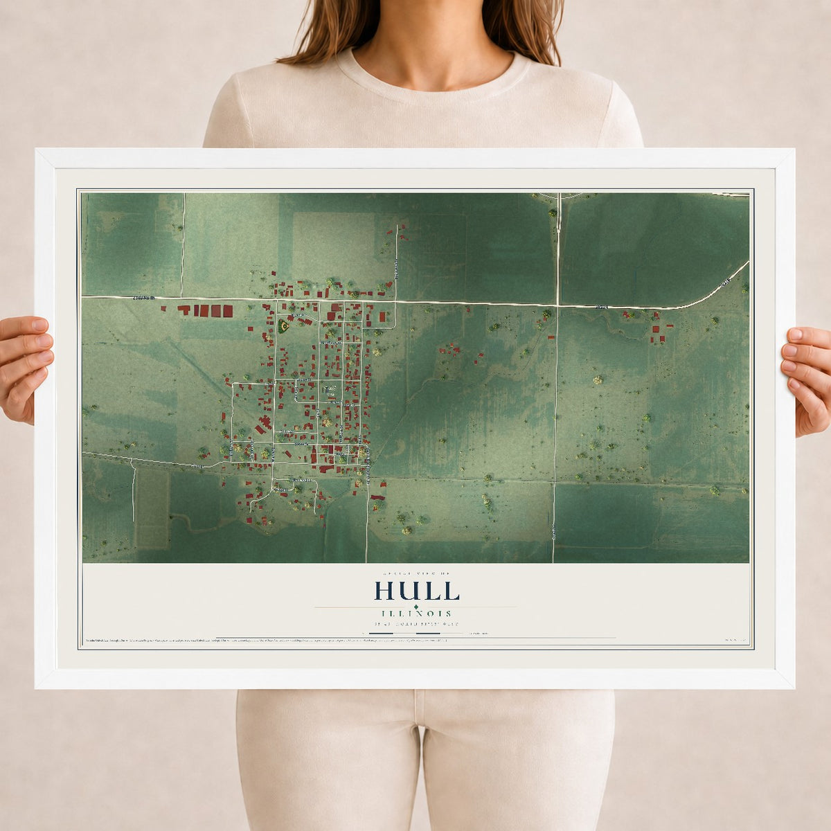 Map of Hull, Illinois, 18 x 24 inch print in a white wood frame