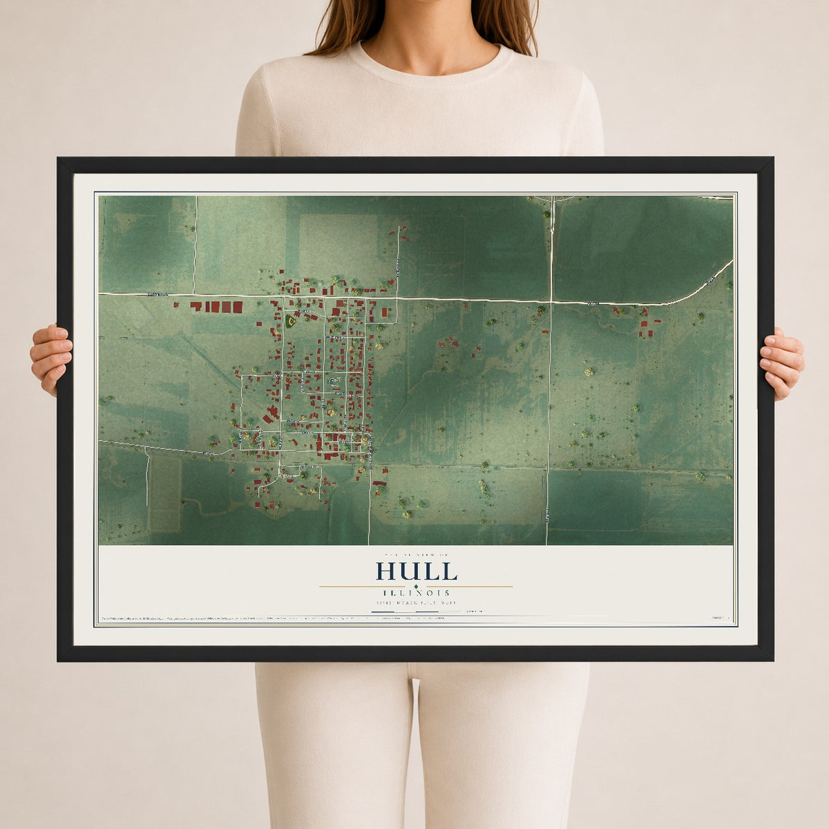 Map of Hull, Illinois, 24 x 36 inch print in a black wood frame