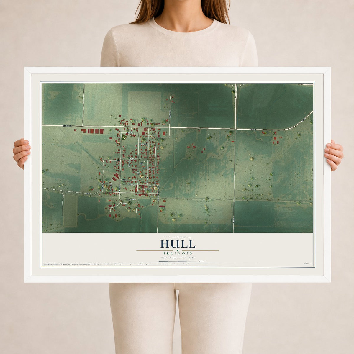 Map of Hull, Illinois, 24 x 36 inch print in a white wood frame