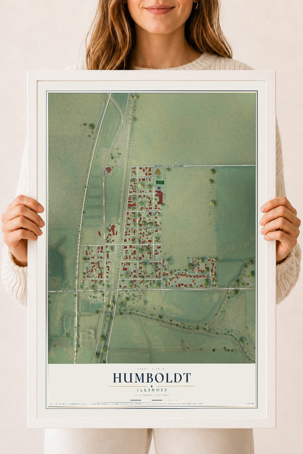 Map of Humboldt, Illinois, 18 x 24 inch print in a white wood frame