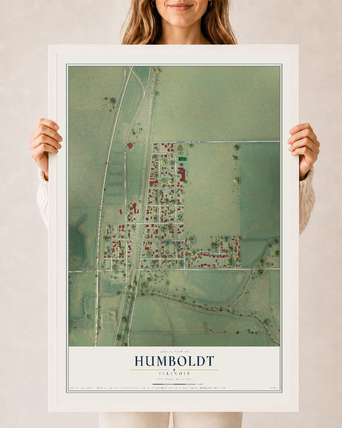 Map of Humboldt, Illinois, 24 x 36 inch print in a white wood frame