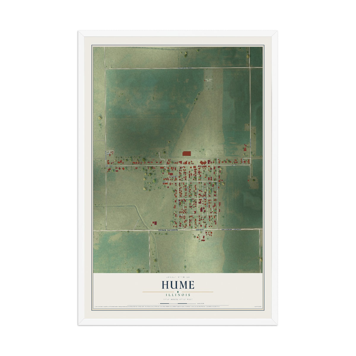Map of Hume, Illinois, 12 x 18 inch print in a white wood frame