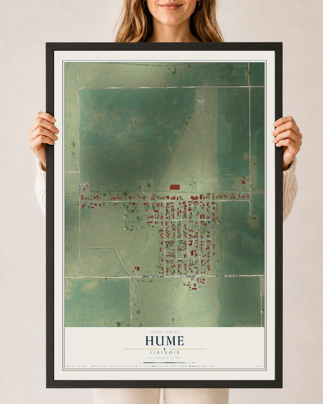 Map of Hume, Illinois, 24 x 36 inch print in a black wood frame