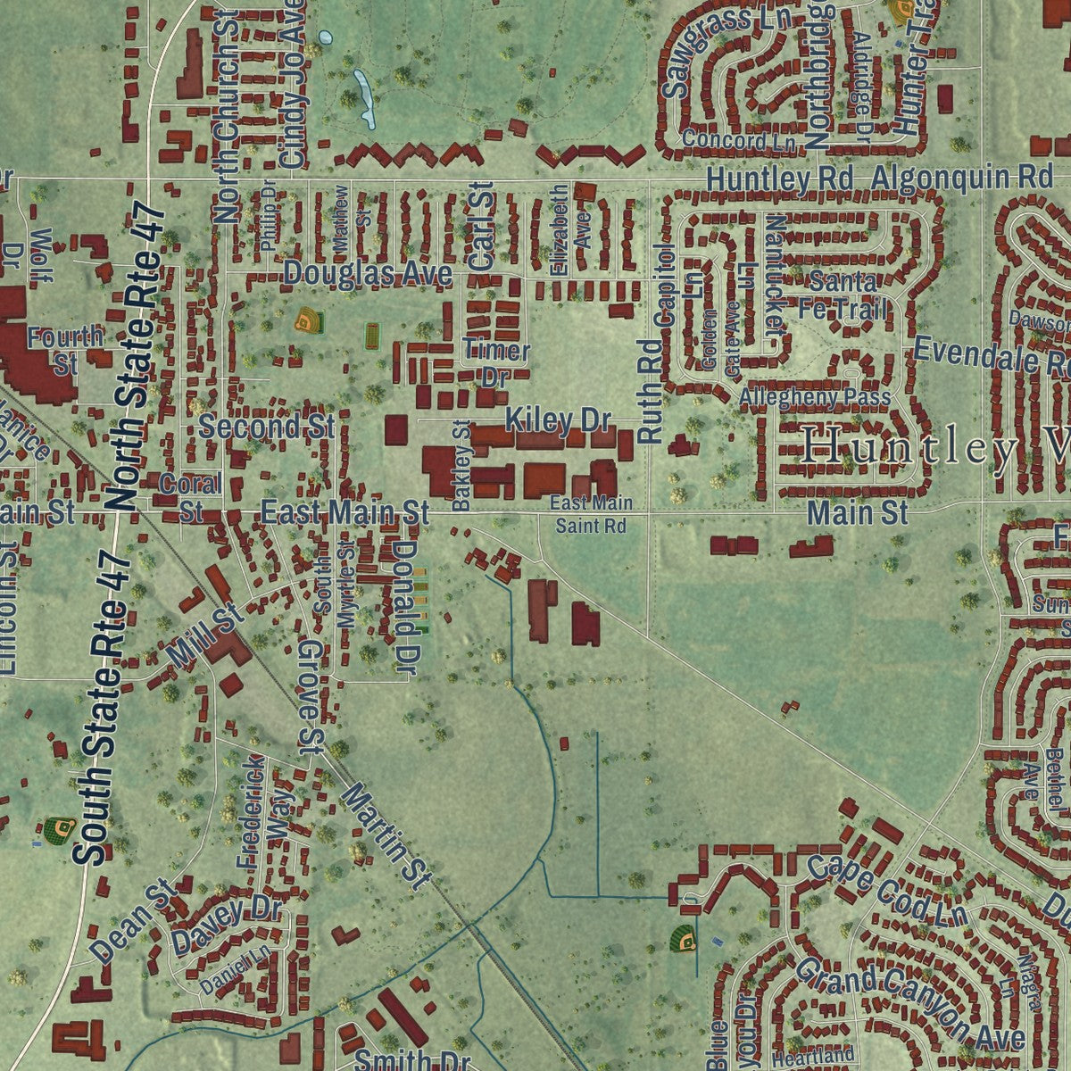 Close-up of the map of Huntley, Illinois print showing street and building detail