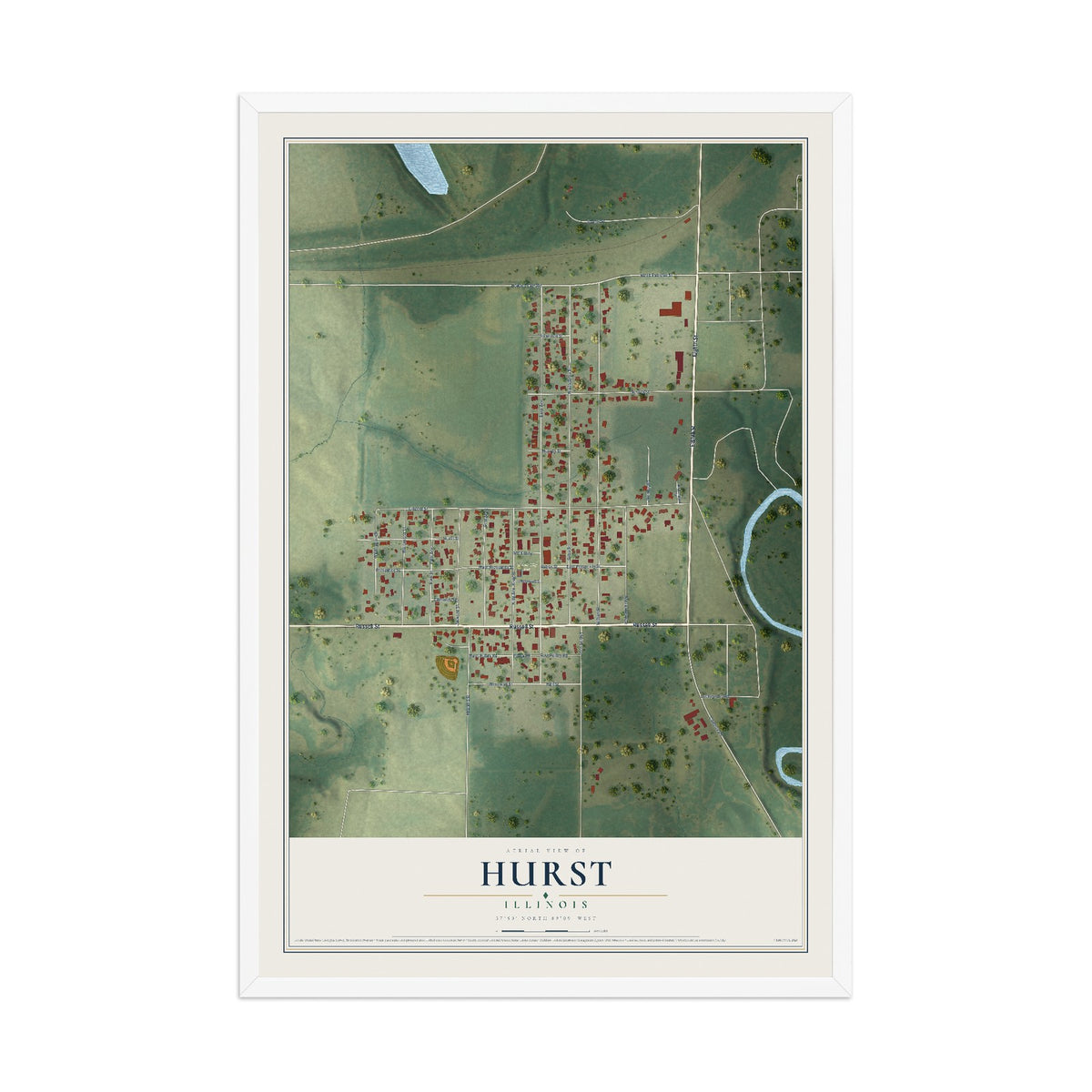 Map of Hurst, Illinois, 12 x 18 inch print in a white wood frame