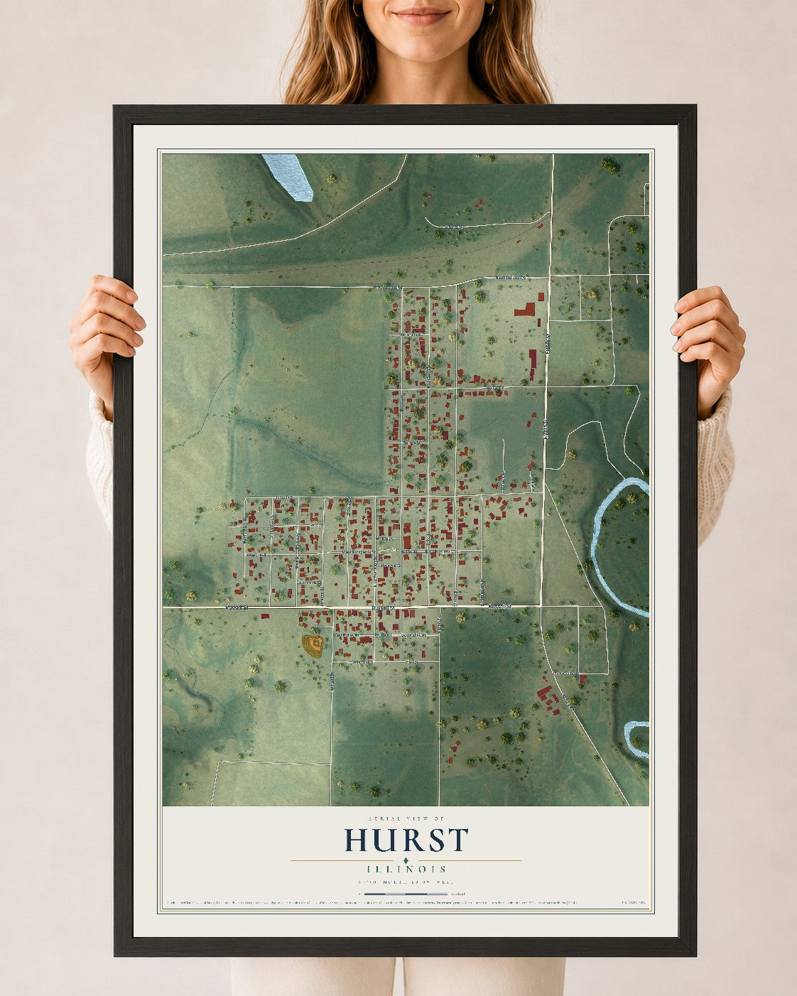 Map of Hurst, Illinois, 24 x 36 inch print in a black wood frame