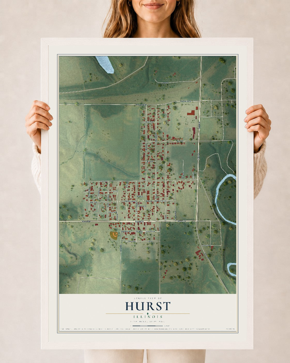 Map of Hurst, Illinois, 24 x 36 inch print in a white wood frame