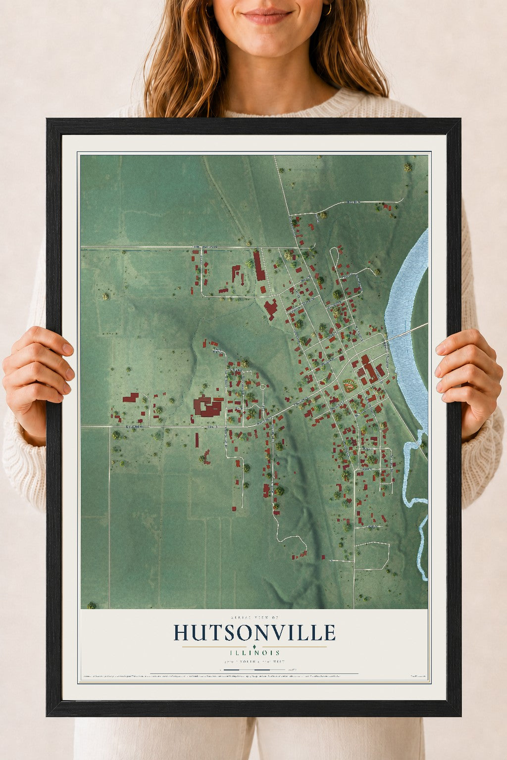 Map of Hutsonville, Illinois, 18 x 24 inch print in a black wood frame