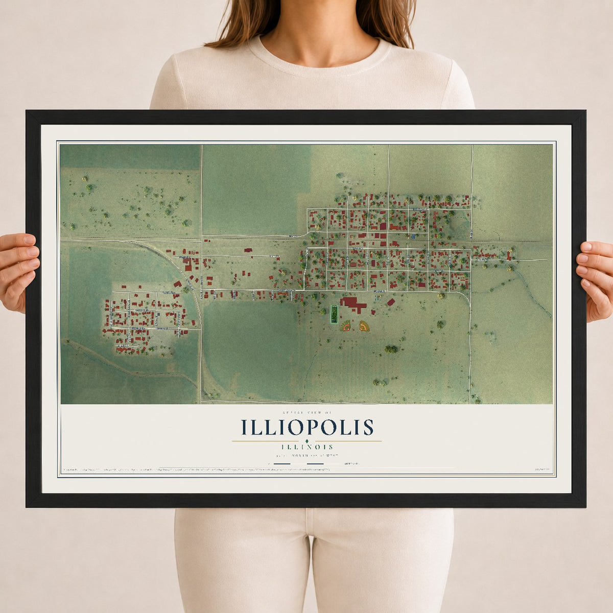 Map of Illiopolis, Illinois, 18 x 24 inch print in a black wood frame