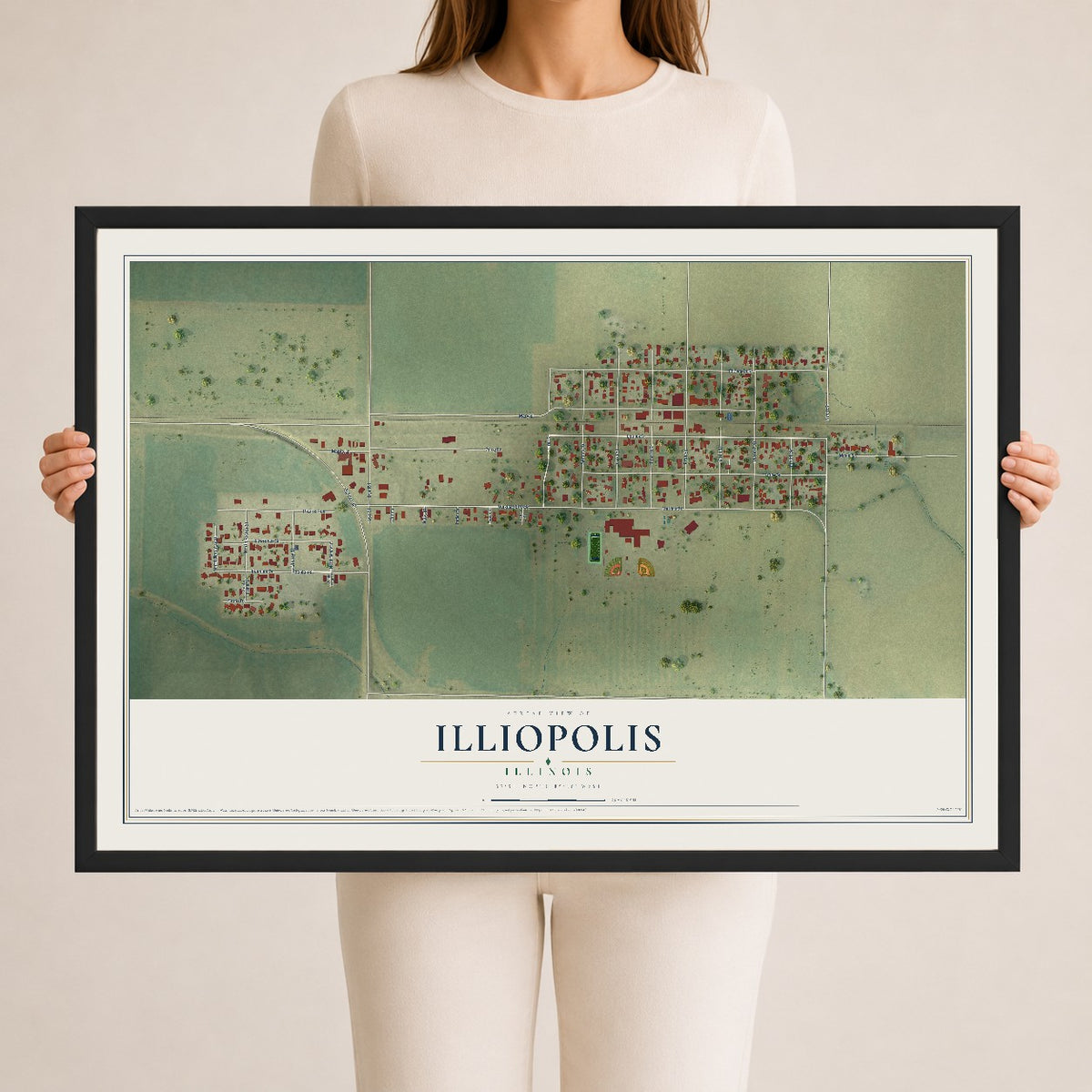 Map of Illiopolis, Illinois, 24 x 36 inch print in a black wood frame