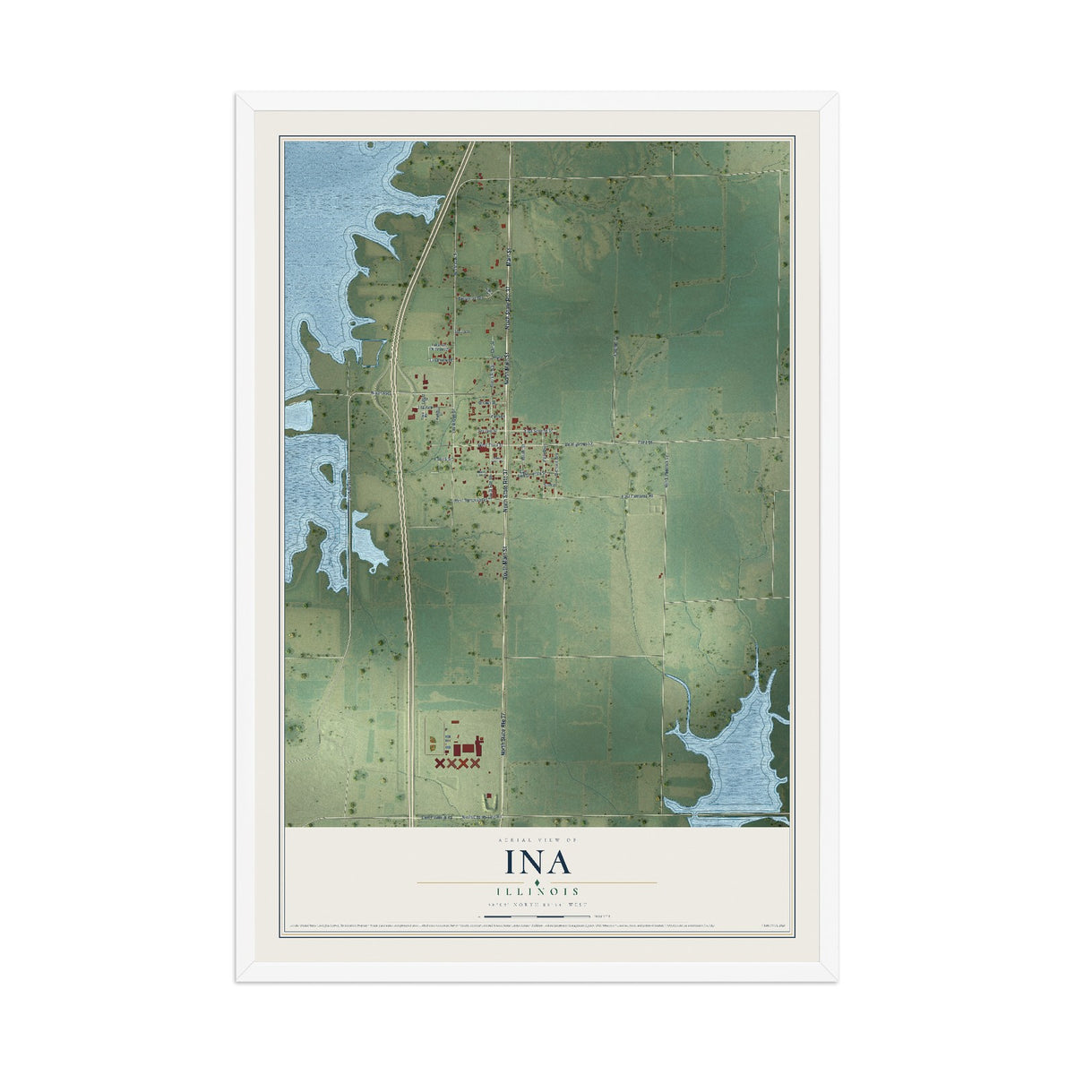 Map of Ina, Illinois, 12 x 18 inch print in a white wood frame