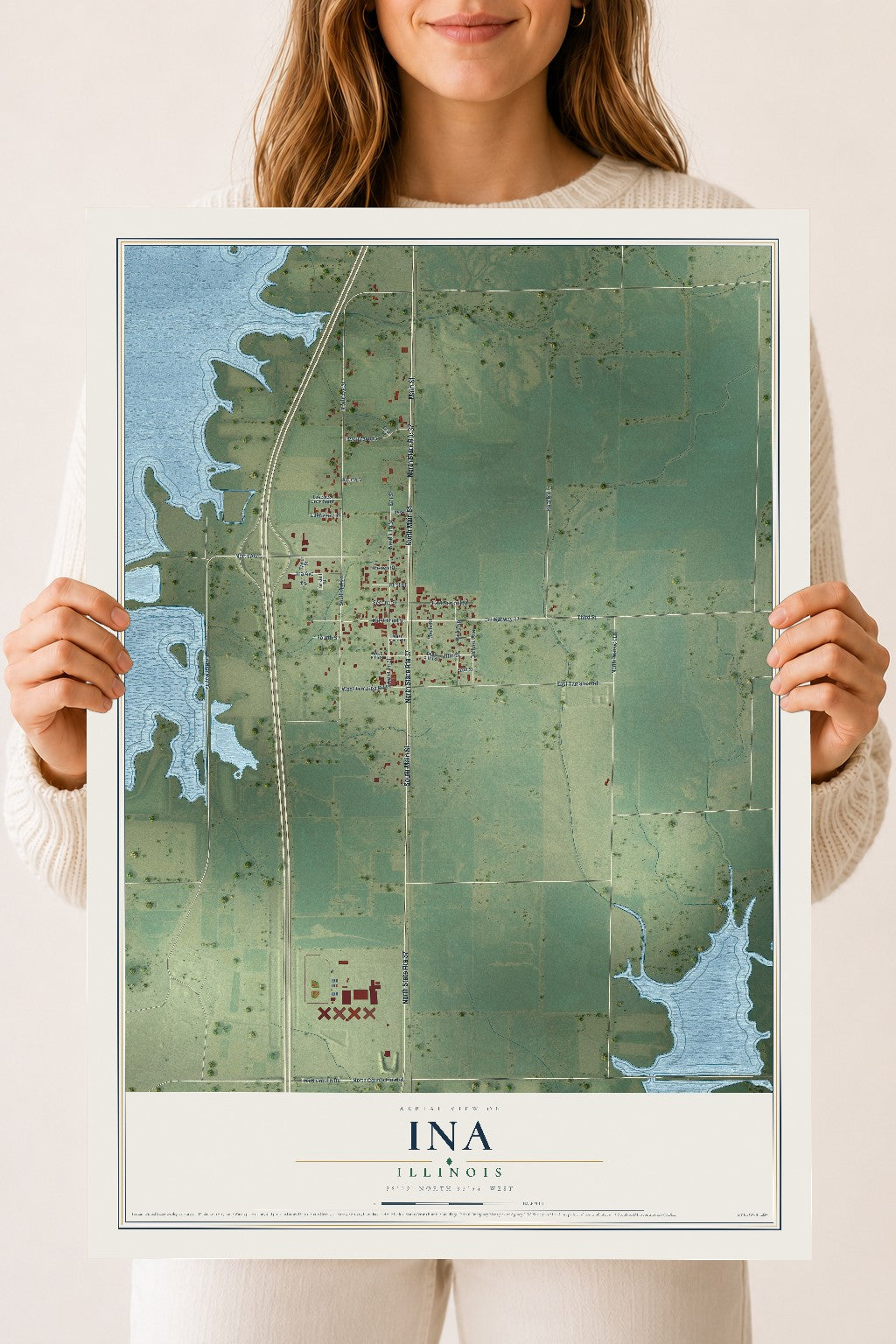 Map of Ina, Illinois, 18 x 24 inch unframed archival matte print