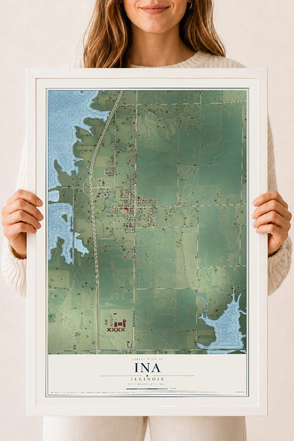 Map of Ina, Illinois, 18 x 24 inch print in a white wood frame