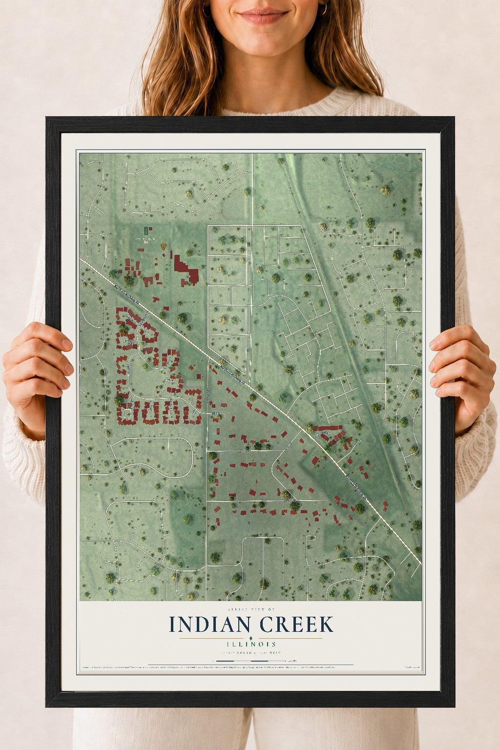 Map of Indian Creek, Illinois, 18 x 24 inch print in a black wood frame