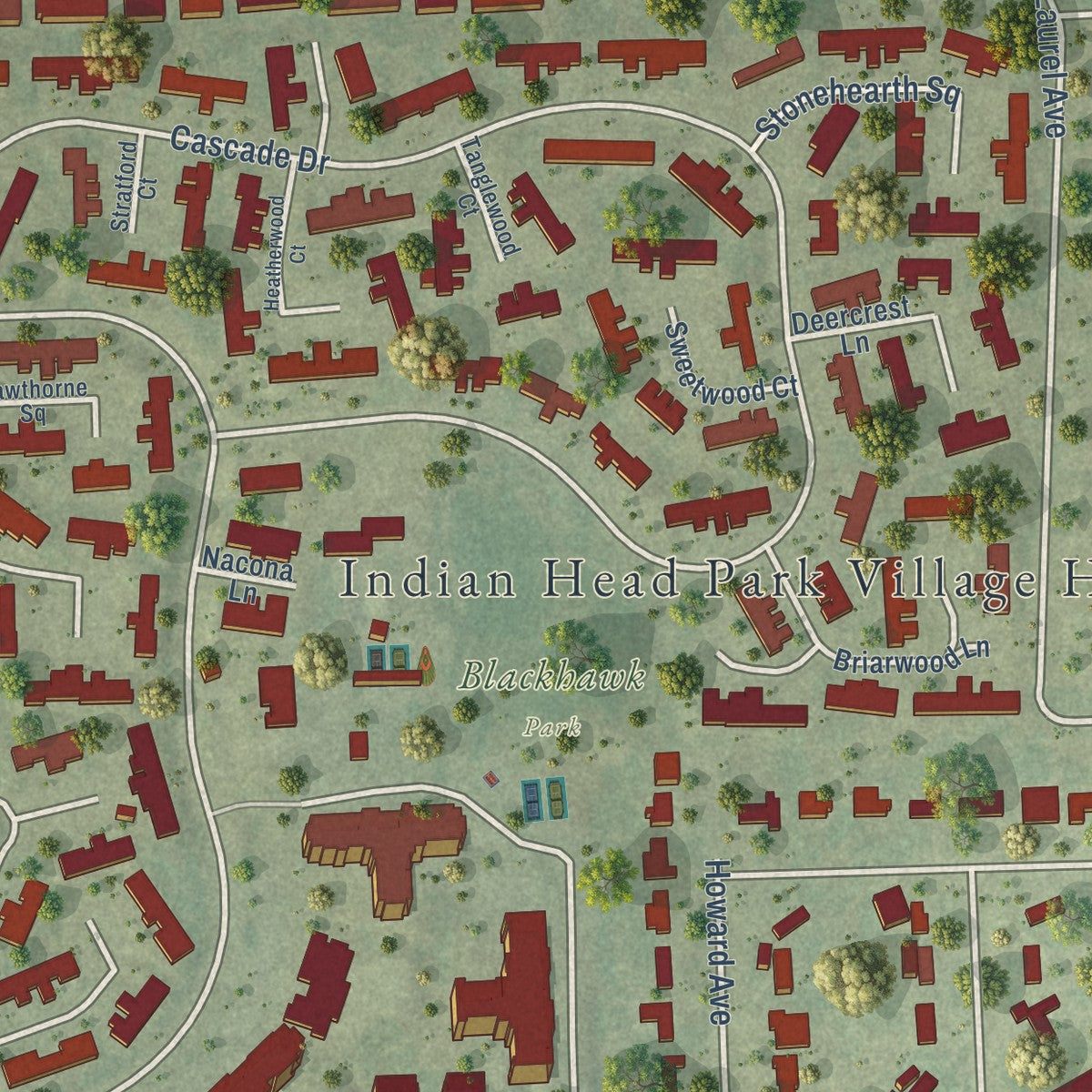 Close-up of the map of Indian Head Park, Illinois print showing street and building detail