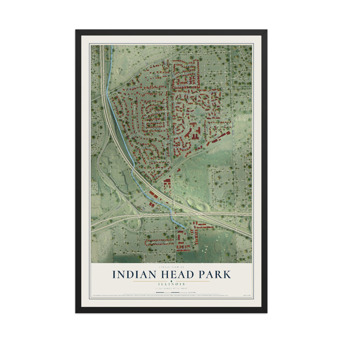 Map of Indian Head Park, Illinois, 12 x 18 inch print in a black wood frame