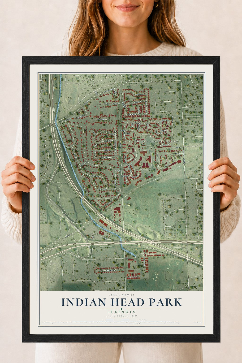 Map of Indian Head Park, Illinois, 18 x 24 inch print in a black wood frame