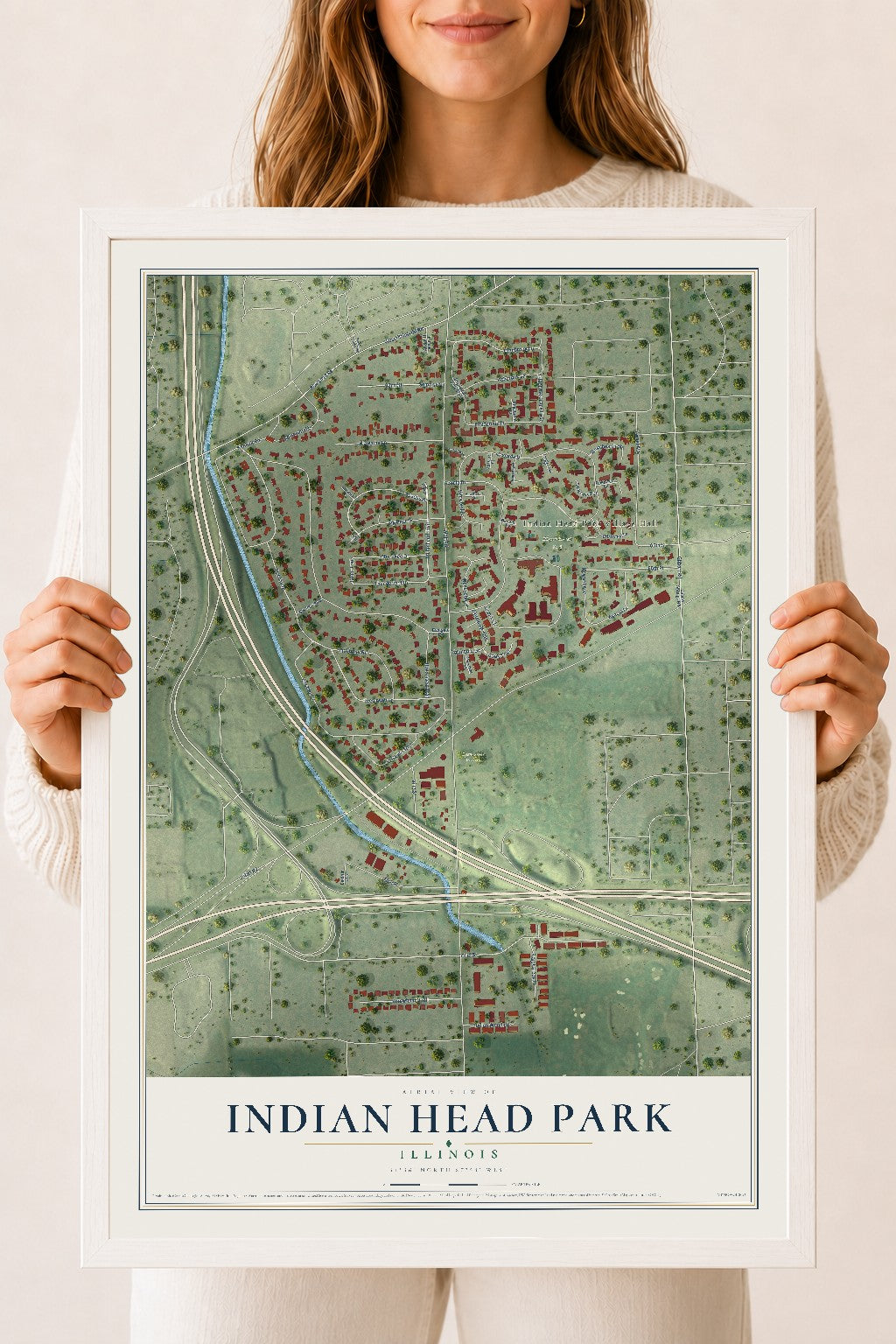 Map of Indian Head Park, Illinois, 18 x 24 inch print in a white wood frame
