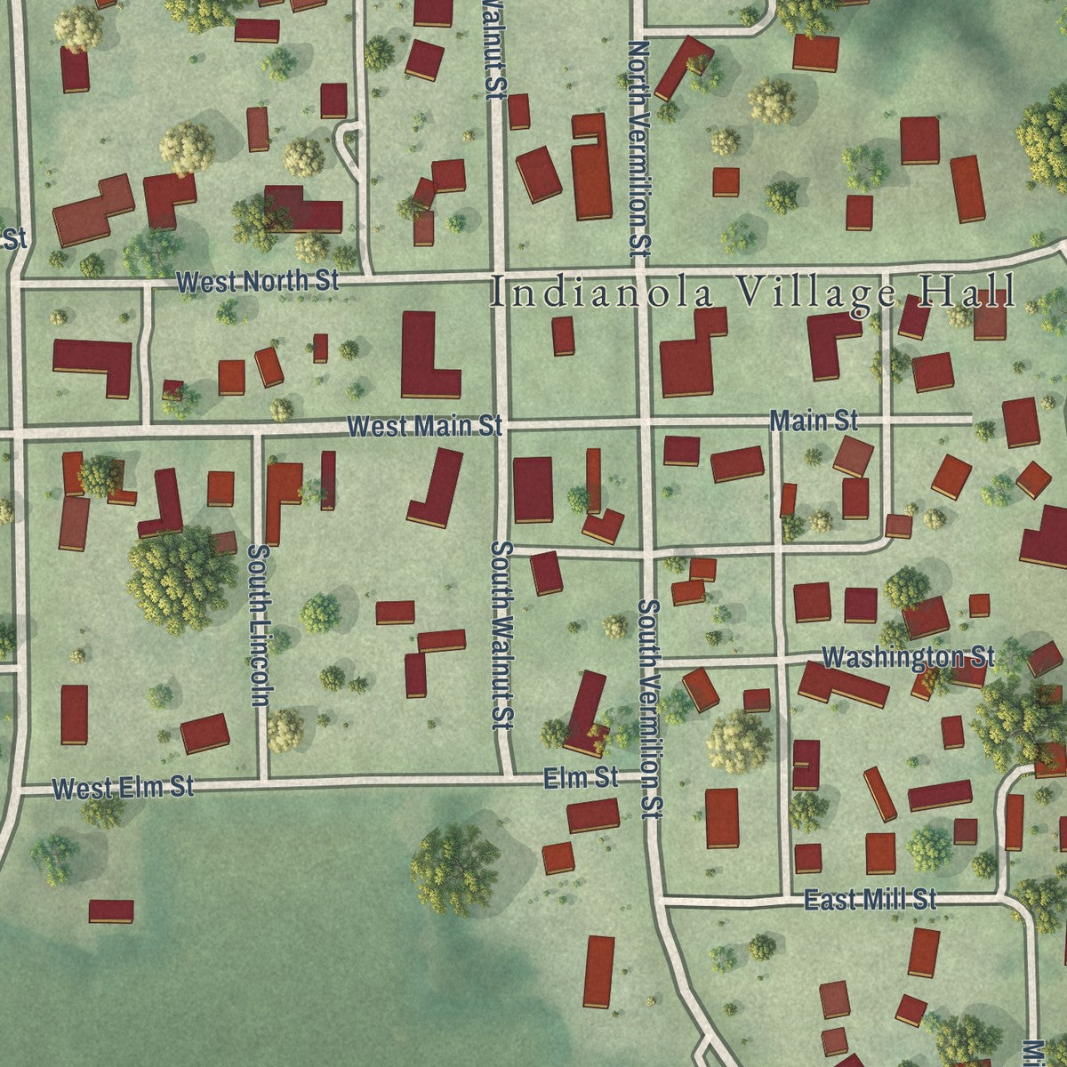 Close-up of the map of Indianola, Illinois print showing street and building detail