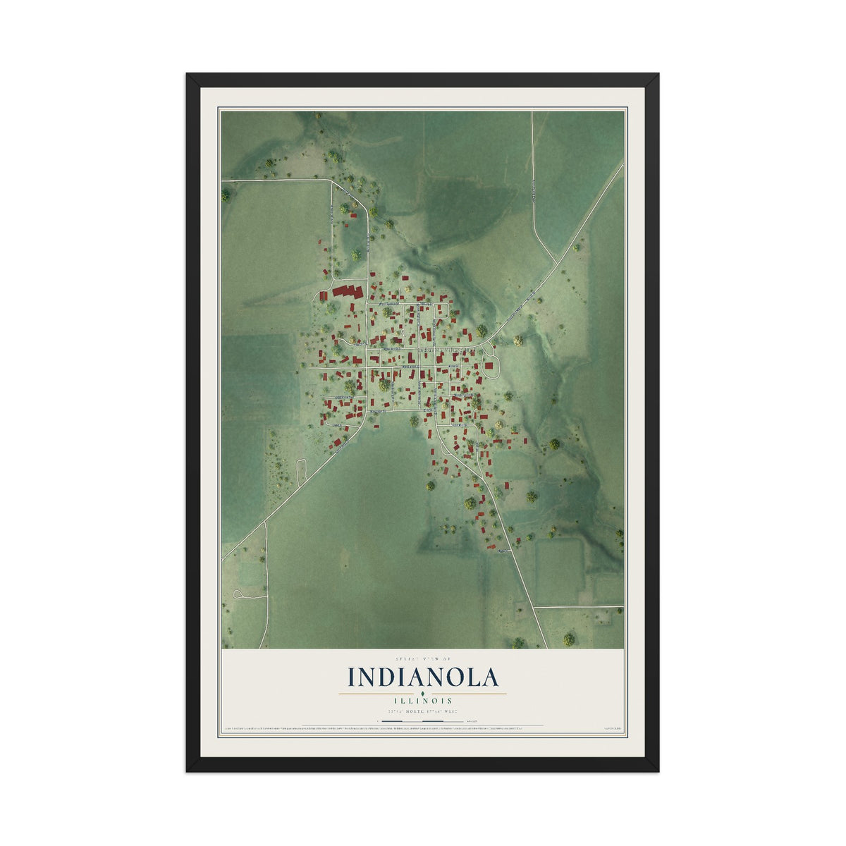 Map of Indianola, Illinois, 12 x 18 inch print in a black wood frame
