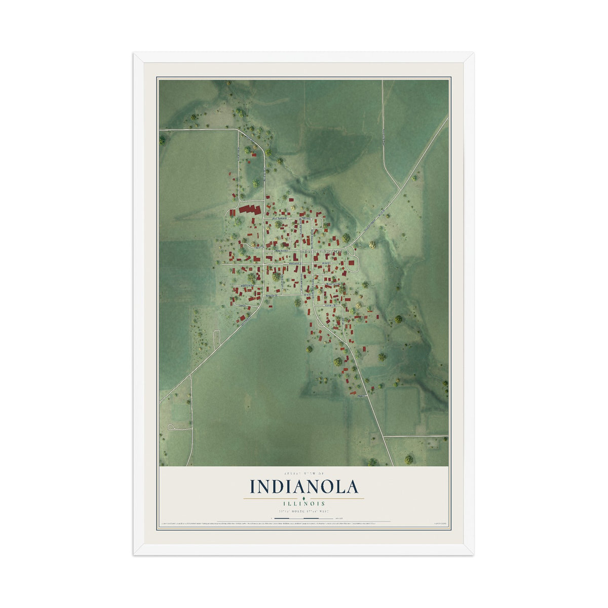 Map of Indianola, Illinois, 12 x 18 inch print in a white wood frame