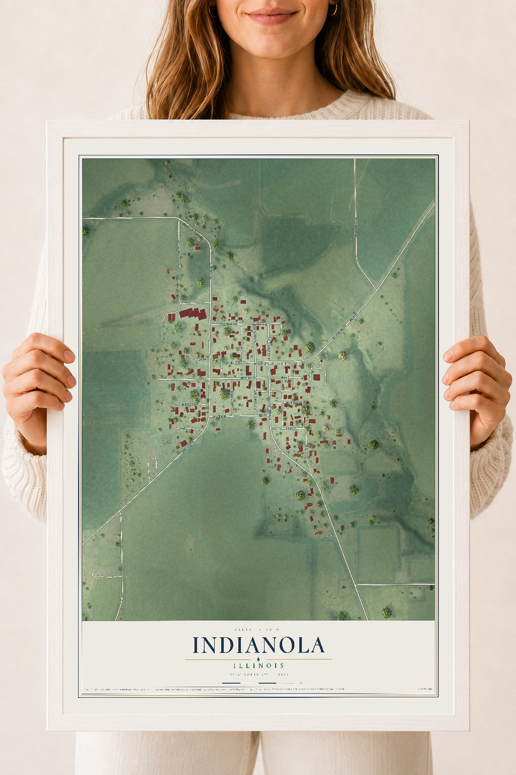 Map of Indianola, Illinois, 18 x 24 inch print in a white wood frame