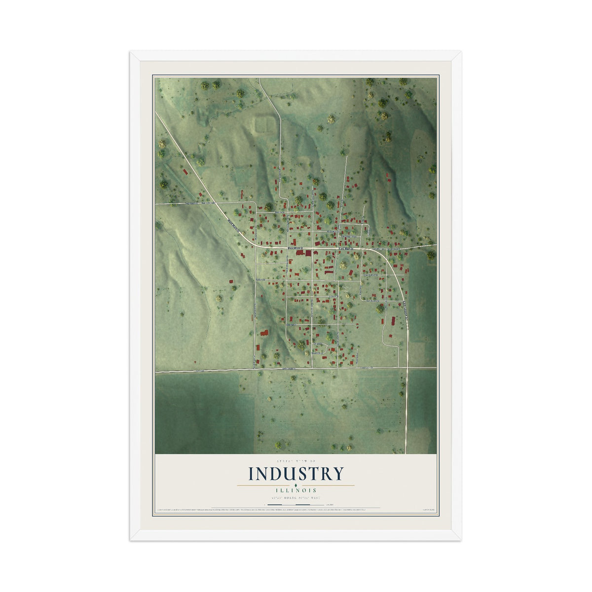 Map of Industry, Illinois, 12 x 18 inch print in a white wood frame