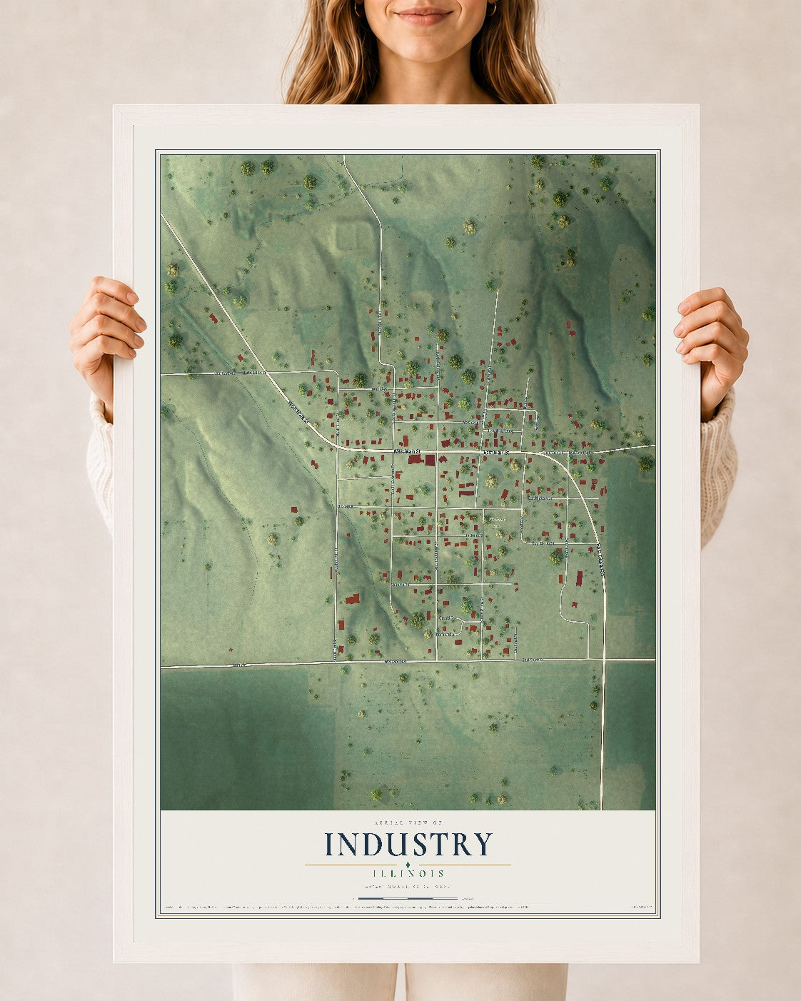 Map of Industry, Illinois, 24 x 36 inch print in a white wood frame