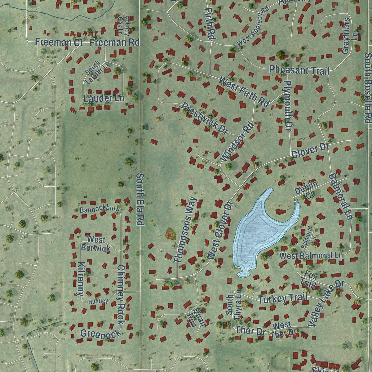 Close-up of the map of Inverness, Illinois print showing street and building detail