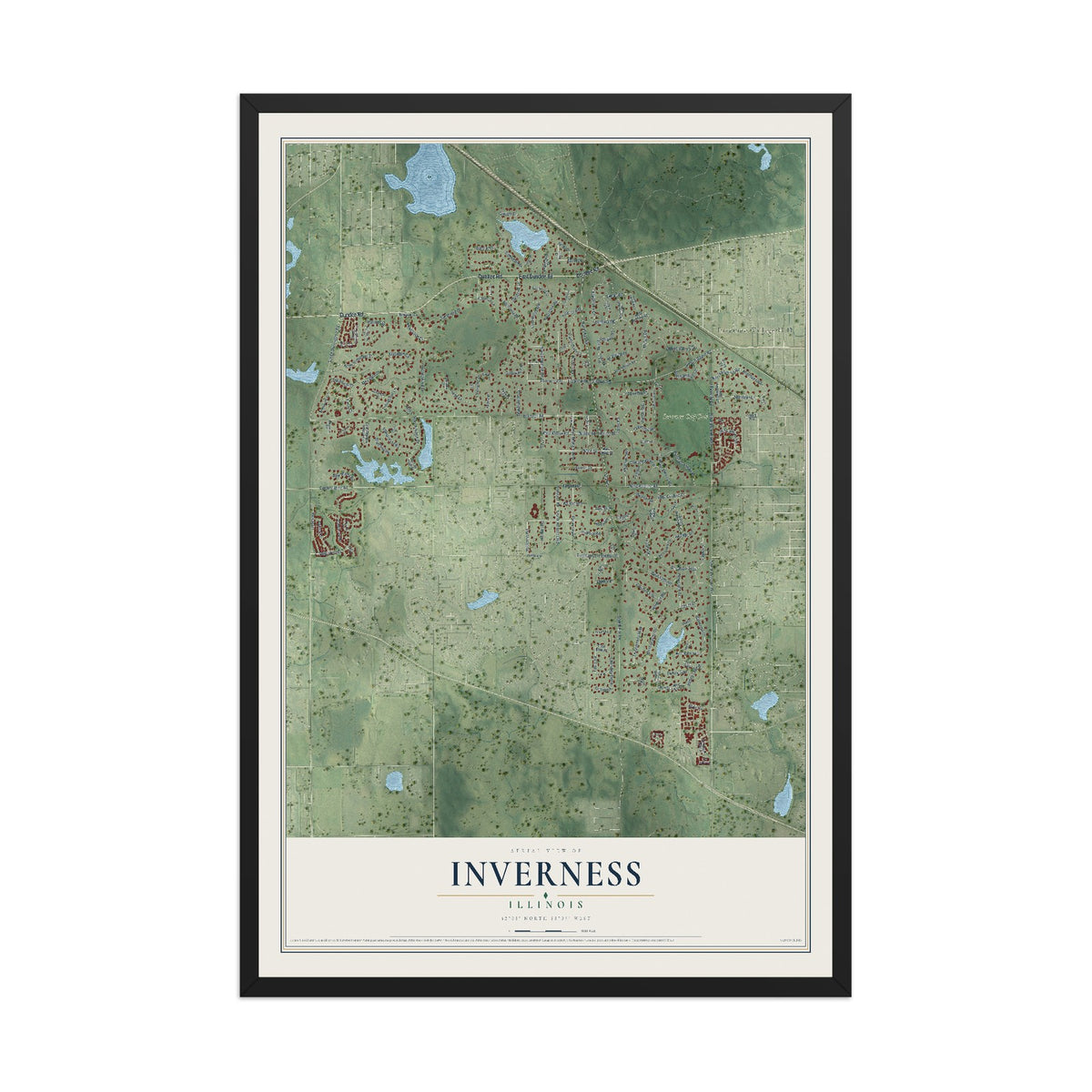 Map of Inverness, Illinois, 12 x 18 inch print in a black wood frame
