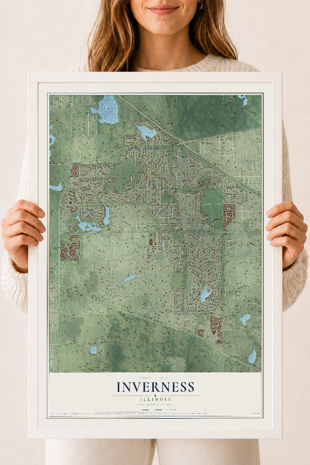 Map of Inverness, Illinois, 18 x 24 inch print in a white wood frame