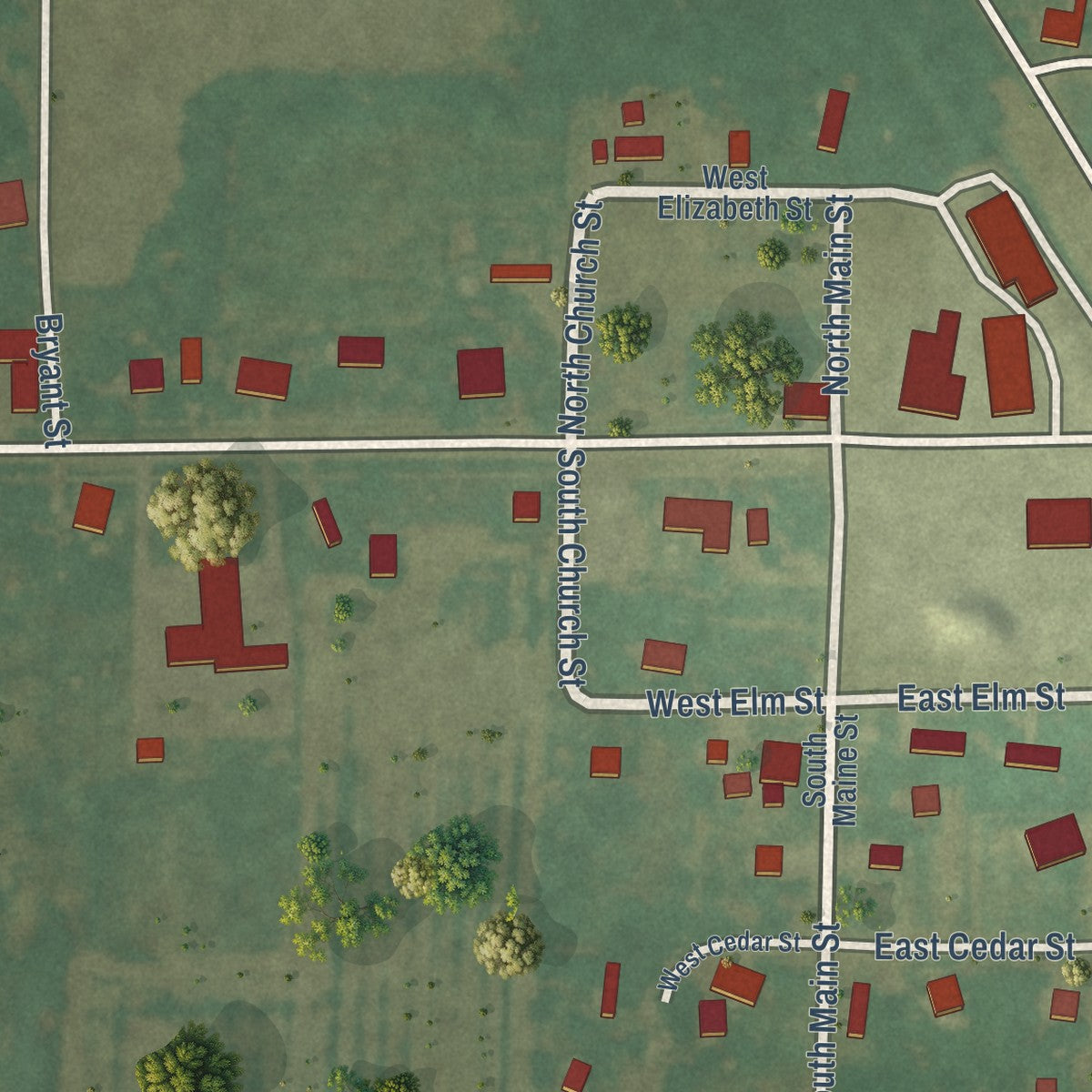 Close-up of the map of Iola, Illinois print showing street and building detail