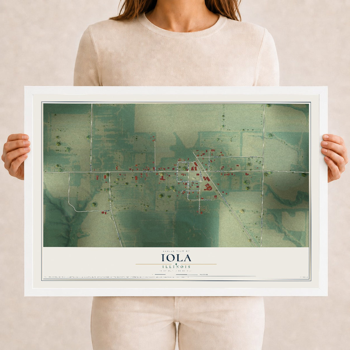 Map of Iola, Illinois, 12 x 18 inch print in a white wood frame