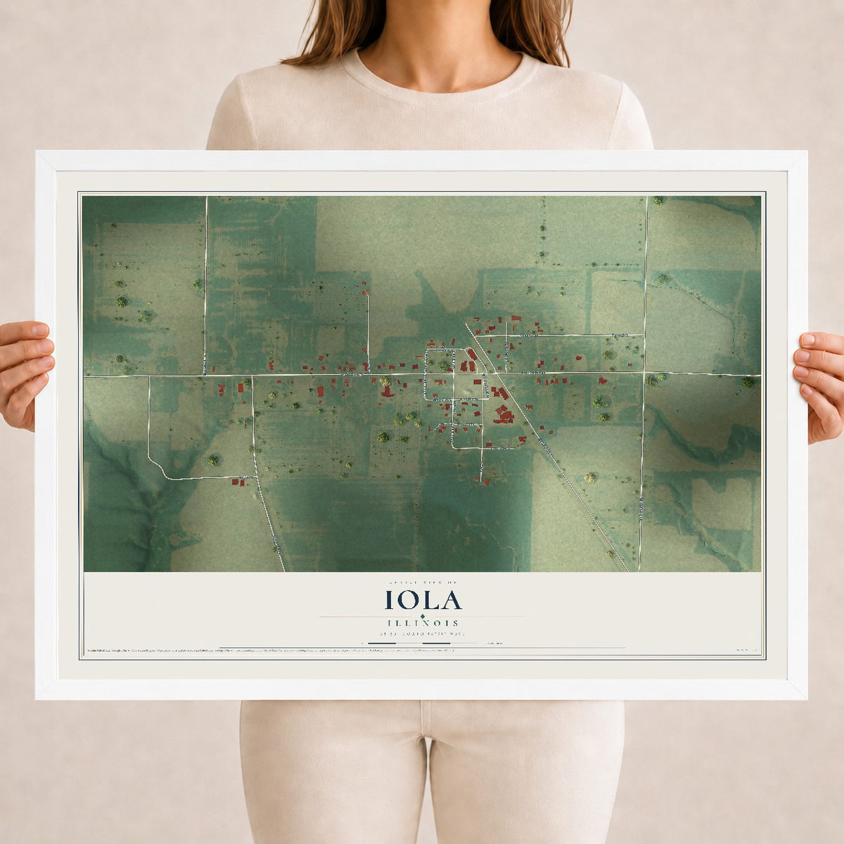 Map of Iola, Illinois, 18 x 24 inch print in a white wood frame