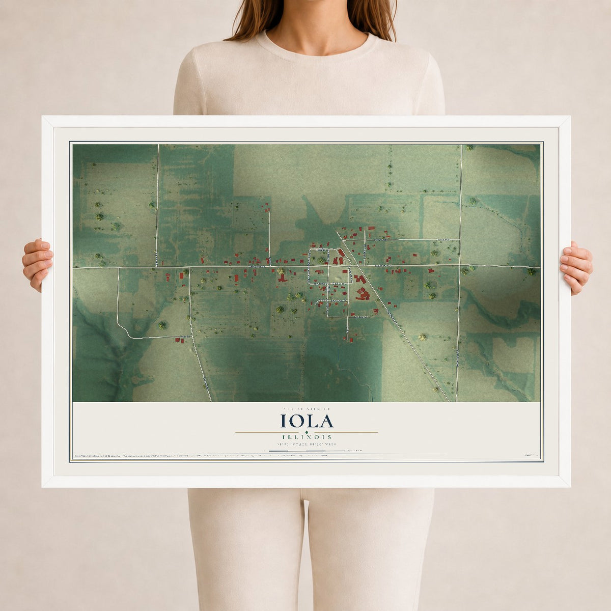 Map of Iola, Illinois, 24 x 36 inch print in a white wood frame