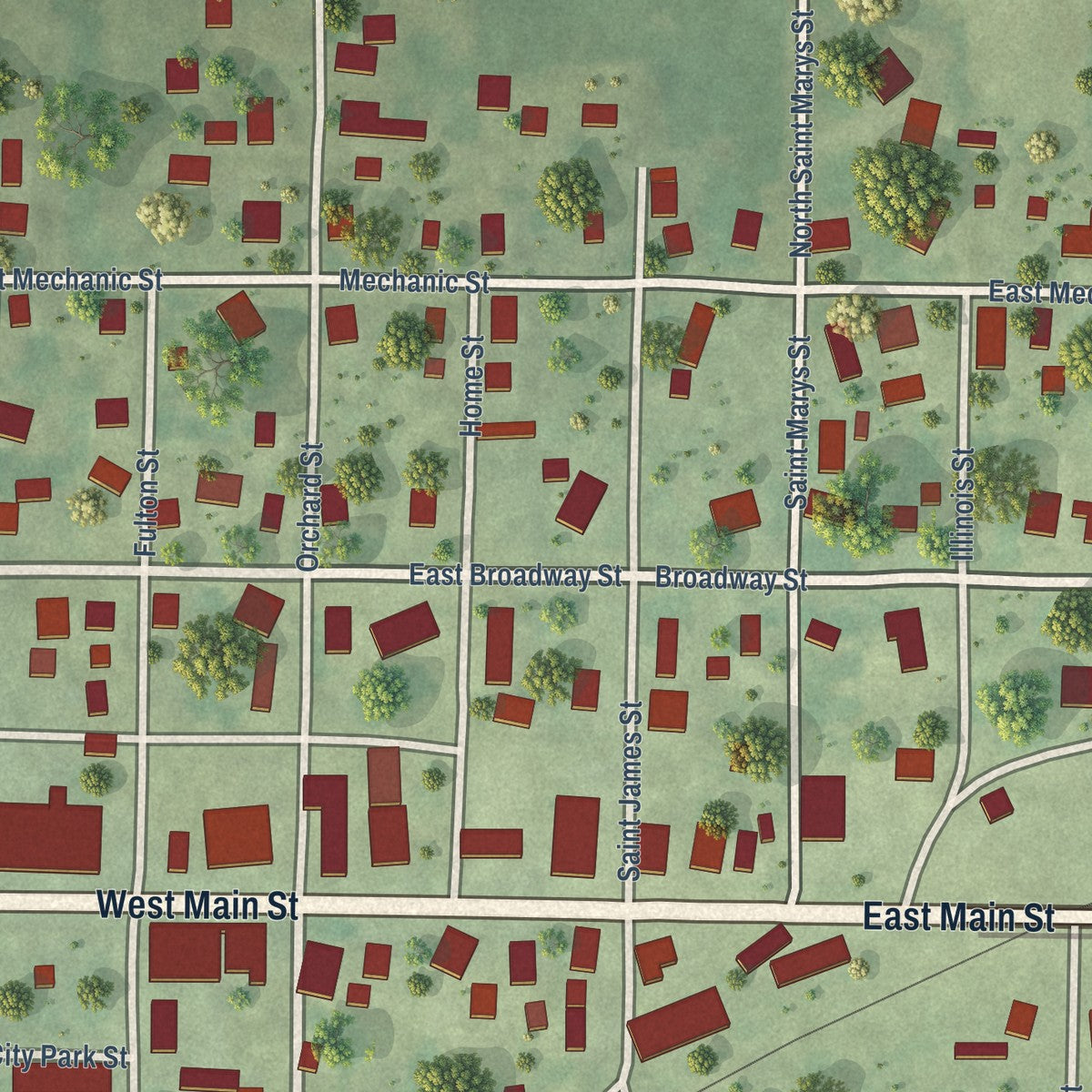 Close-up of the map of Ipava, Illinois print showing street and building detail