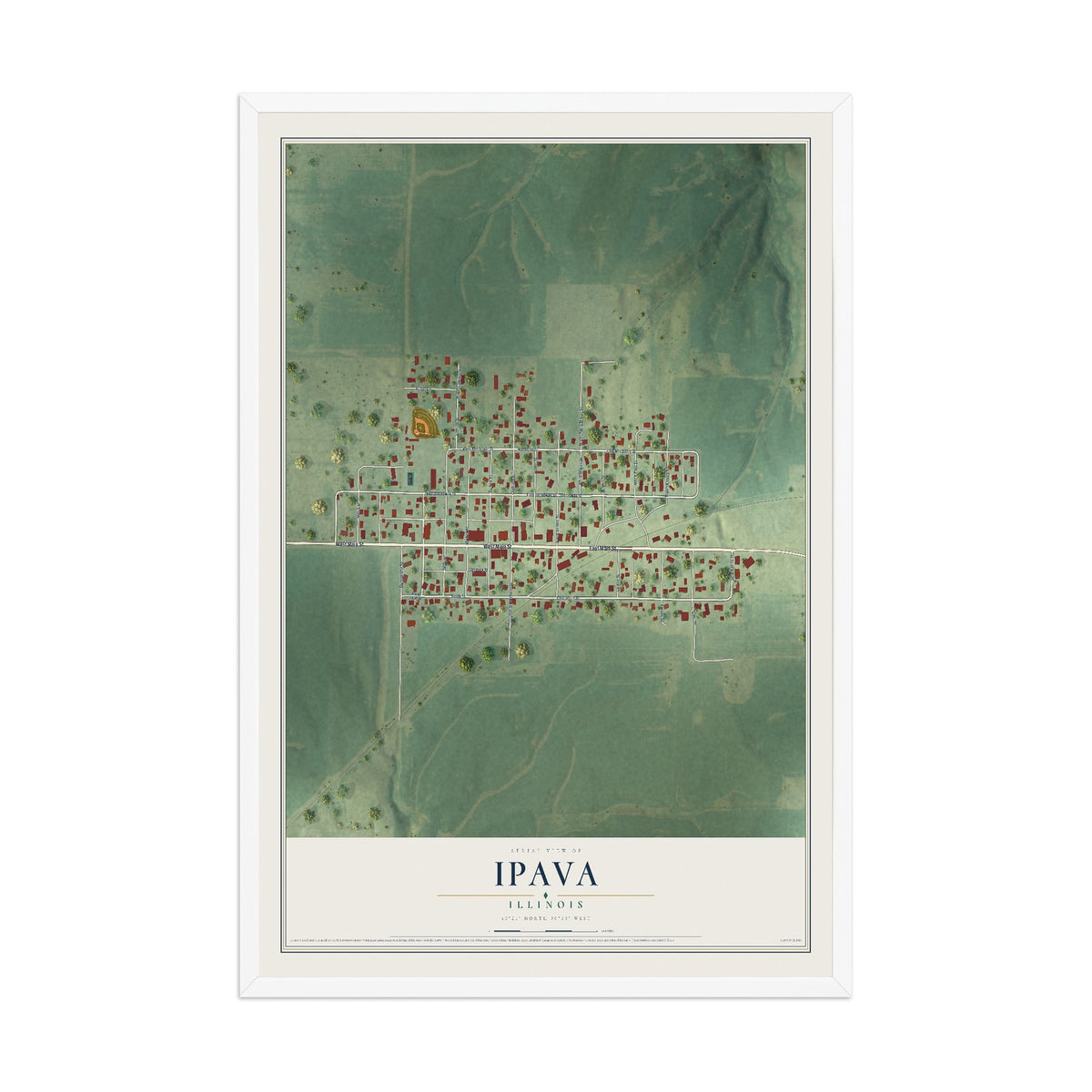 Map of Ipava, Illinois, 12 x 18 inch print in a white wood frame