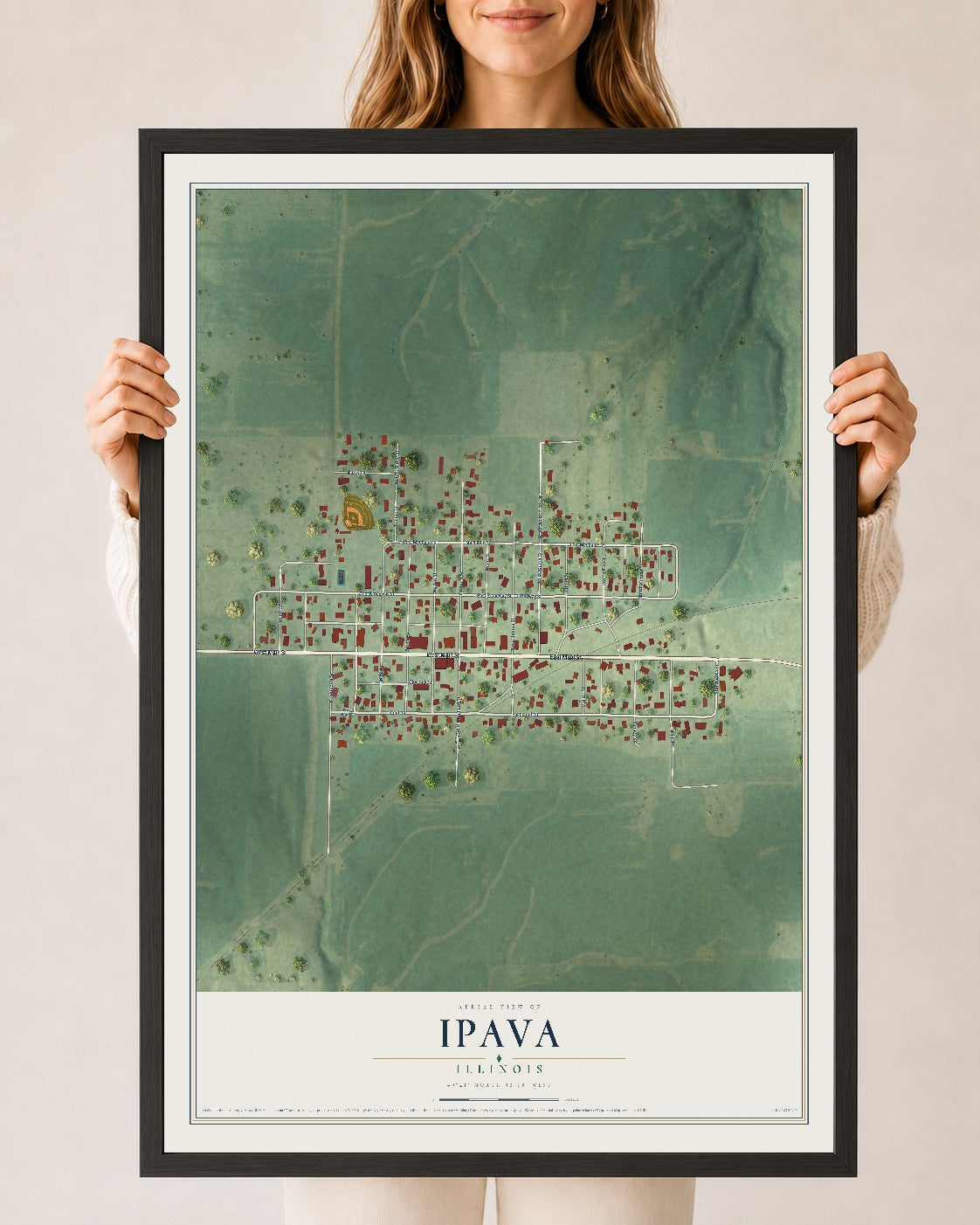 Map of Ipava, Illinois, 24 x 36 inch print in a black wood frame
