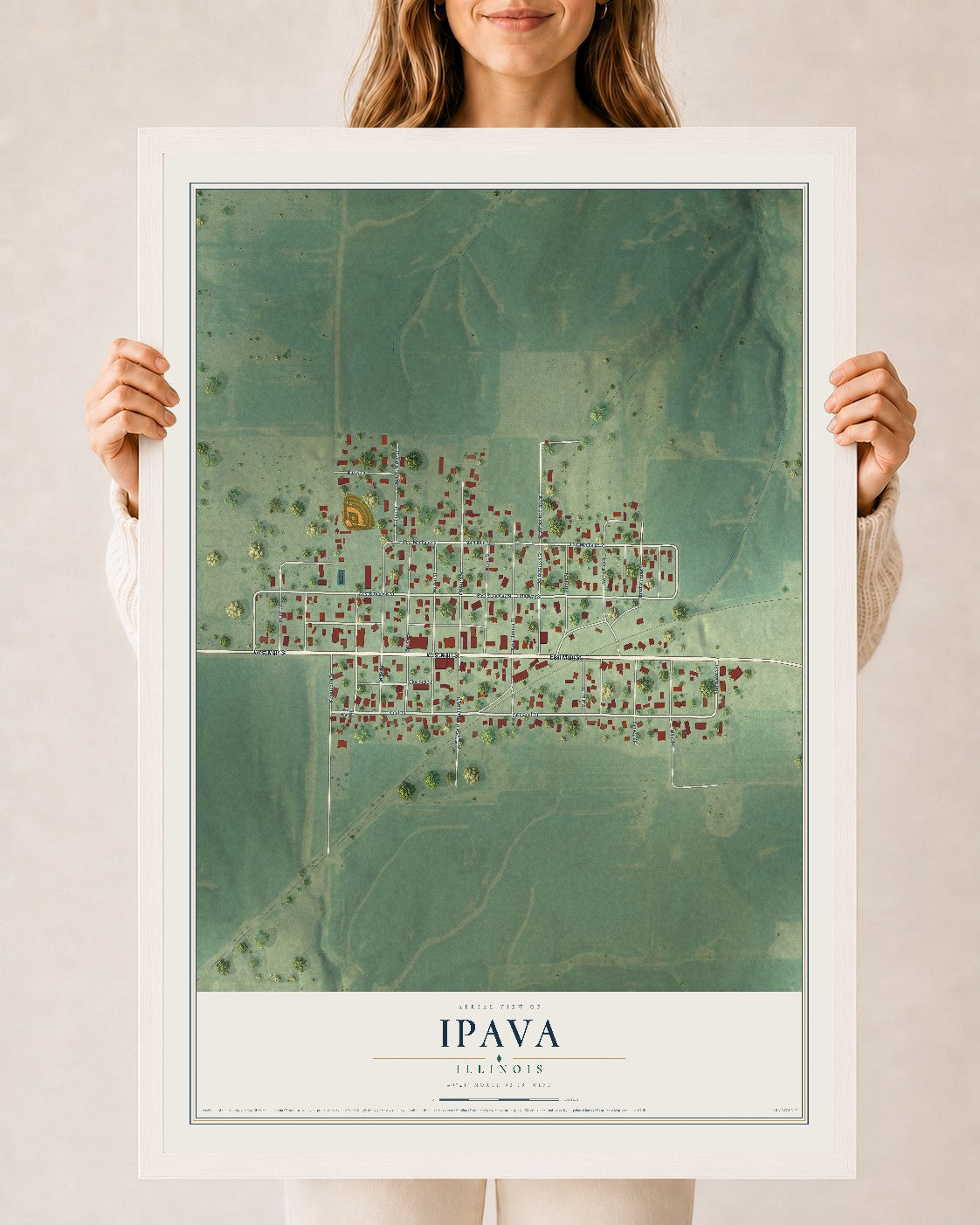 Map of Ipava, Illinois, 24 x 36 inch print in a white wood frame