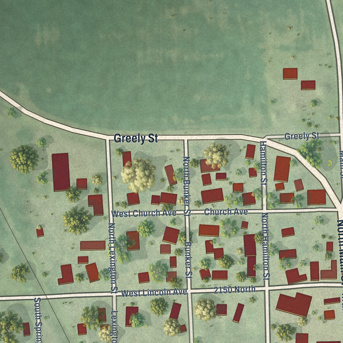 Close-up of the map of Iroquois, Illinois print showing street and building detail