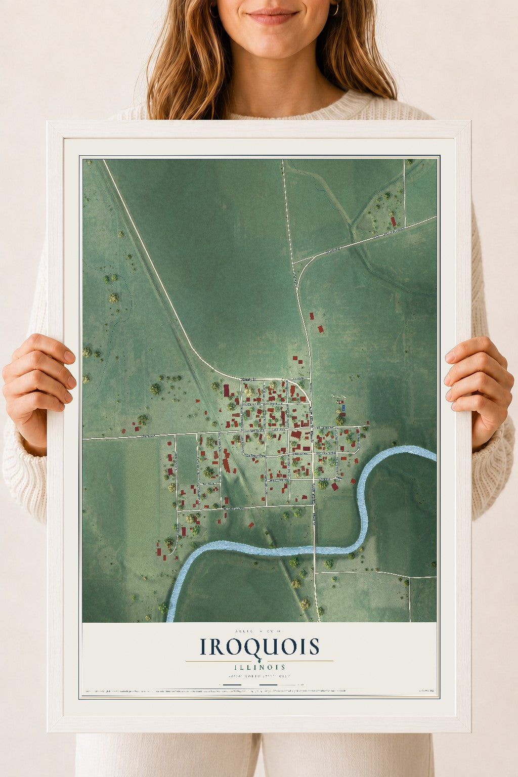 Map of Iroquois, Illinois, 18 x 24 inch print in a white wood frame