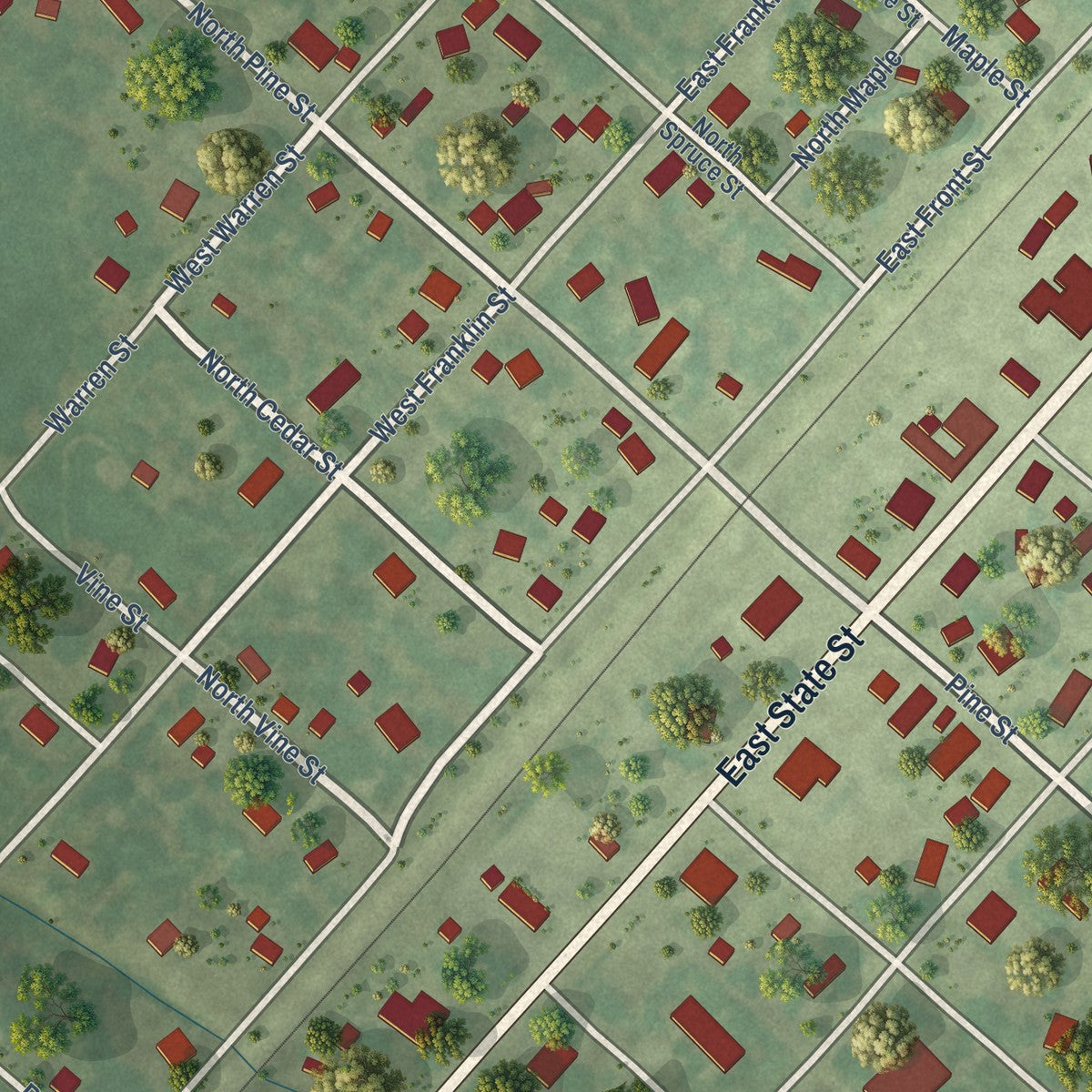 Close-up of the map of Irving, Illinois print showing street and building detail