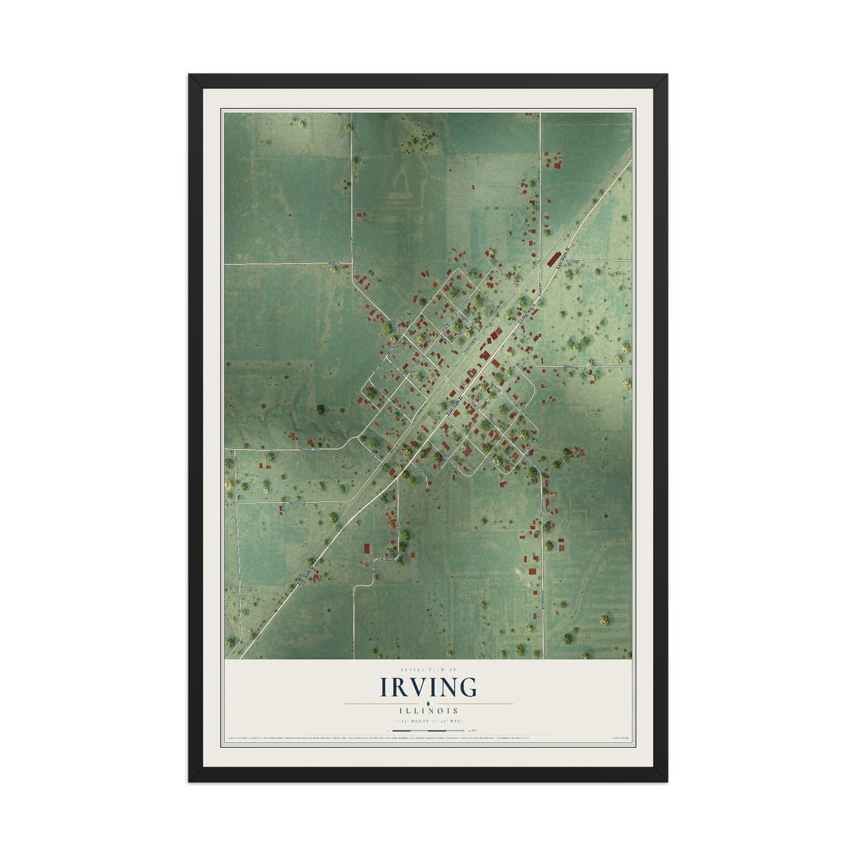 Map of Irving, Illinois, 12 x 18 inch print in a black wood frame