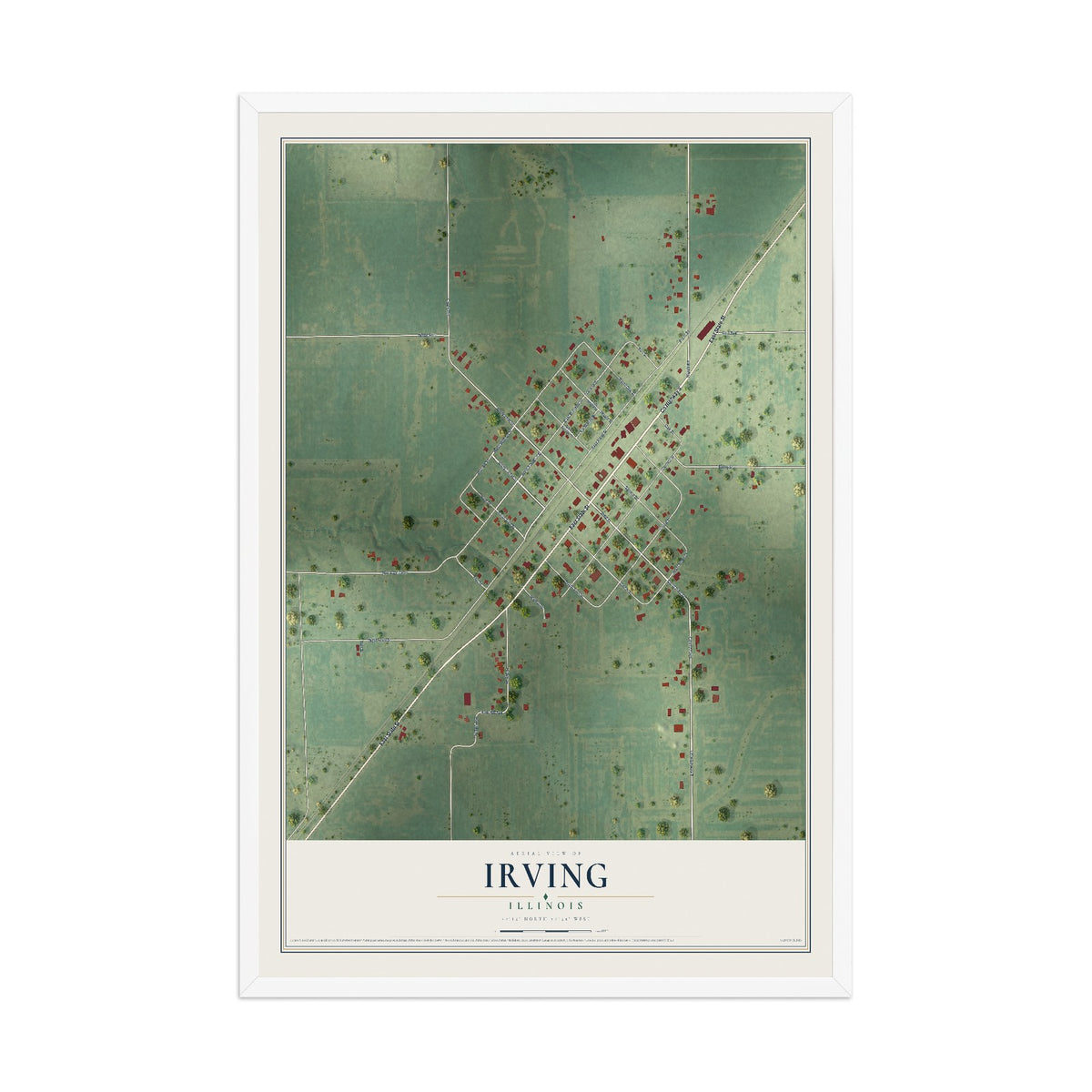 Map of Irving, Illinois, 12 x 18 inch print in a white wood frame