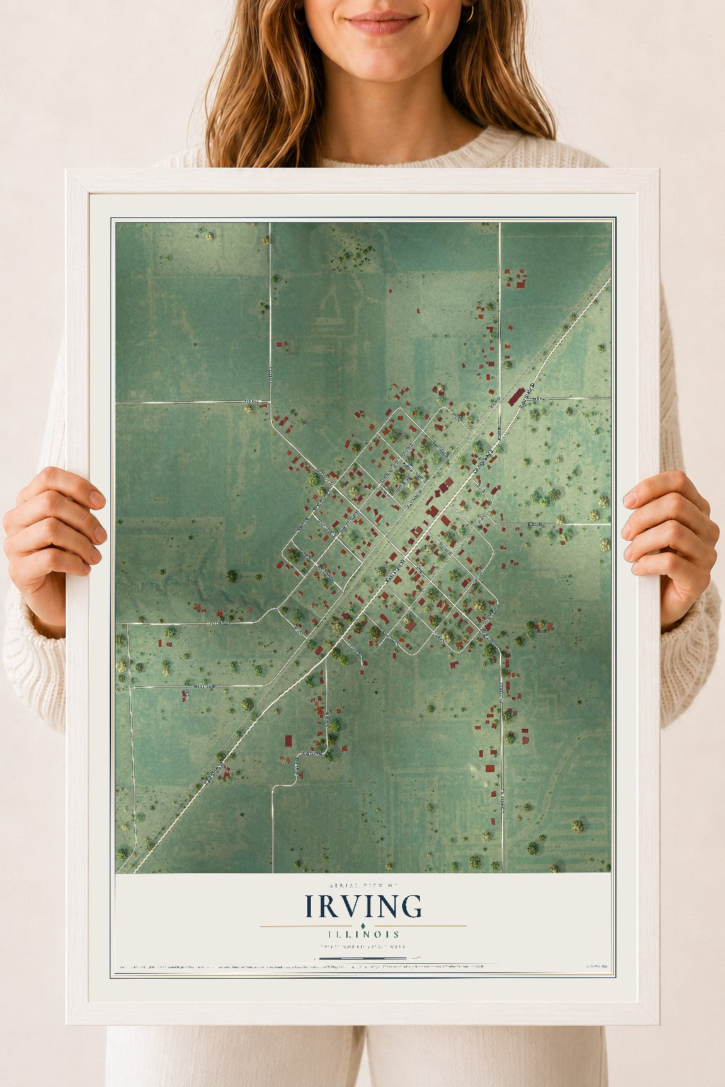 Map of Irving, Illinois, 18 x 24 inch print in a white wood frame