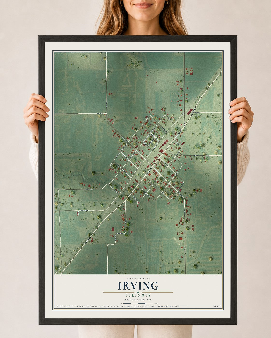 Map of Irving, Illinois, 24 x 36 inch print in a black wood frame