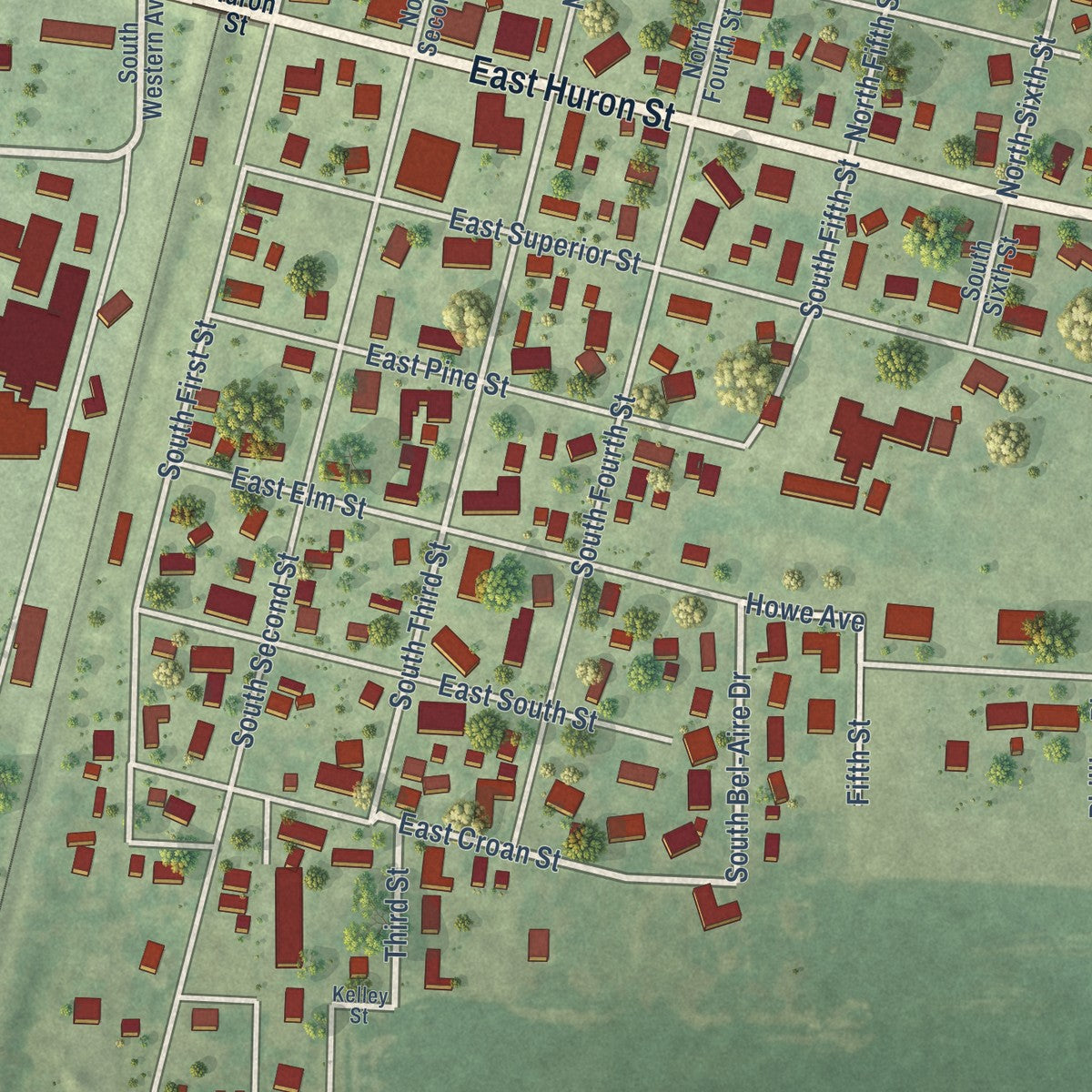 Close-up of the map of Irvington, Illinois print showing street and building detail